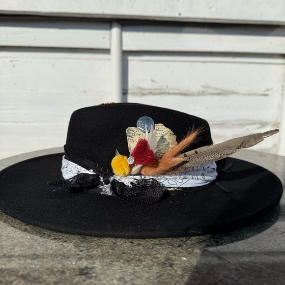 Accessories - SCORCHED EARTH: Custom Black Wide-Brim Wool Hat with Feather Accent